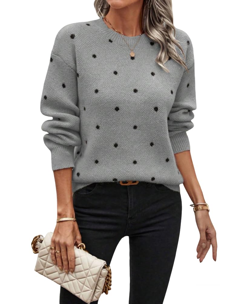 IDEALSANXUN Womens Polka Dot Sweater Fall Winter Crewneck Cute Long Sleeve Pullover Sweaters