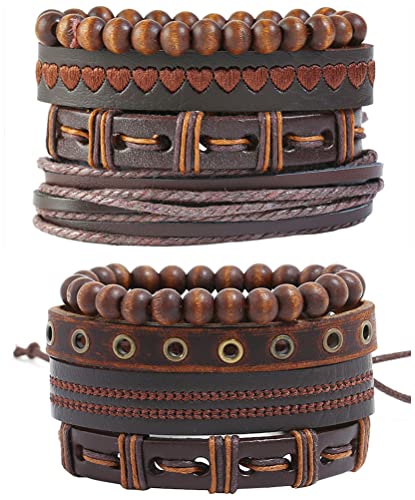 Fldc 8Pcs Brown Braided Leather Wrap Bracelet For Men Women Cuff Bracelet Set Wood Bead Hemp Cord Woven Bracelet Wooden A Brown 10 Inches Br134-A 0 #TOP4