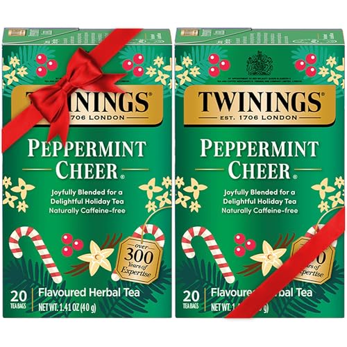 Image of Twinings Tea, Peppermint Cheer 2-Pack, Naturally Caffeine-Free and Vanilla Flavoured Herbal Tea Bags, Individually Wrapped, 20 Count Each