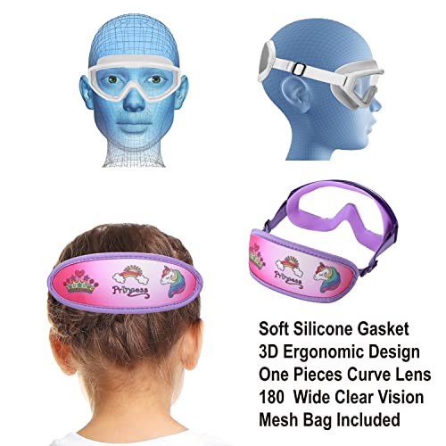 RUIGAO Kids Swim Goggles Age 4-7, Toddler Goggles No Tangle, Child Swimming Mask/Bungee Strap/Soft Band (1PK - Purple Princess) - Image 3