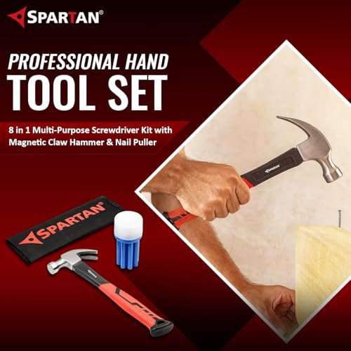 Image of Spartan 8-in-1 Screwdriver Set with Magnetic Claw Hammer & Nail Puller | Forged Steel Head | Fibreglass Anti-Slip Handle | Tool Kit for Carpentry, Furniture Assembly, Home Repair & DIY | Combo Kit