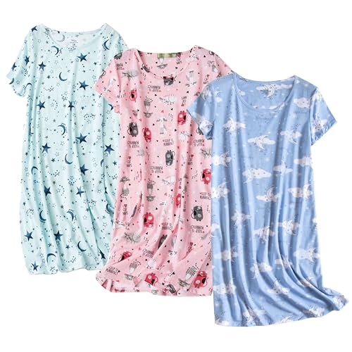 Image of PNAEONG 3 Pack Women's Cotton Nightgown Sleepwear Short Sleeves Shirt Casual Print Sleepdress