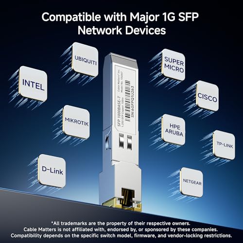 Image of Cable Matters 1000BASE-T Gigabit SFP to RJ45 Copper Transceiver,100m 2-Pack | Ethernet Transceiver Module, Compatible with Cisco, Ubiquiti, TP-Link, Netgear, MikroTik and Supermicro Equipment