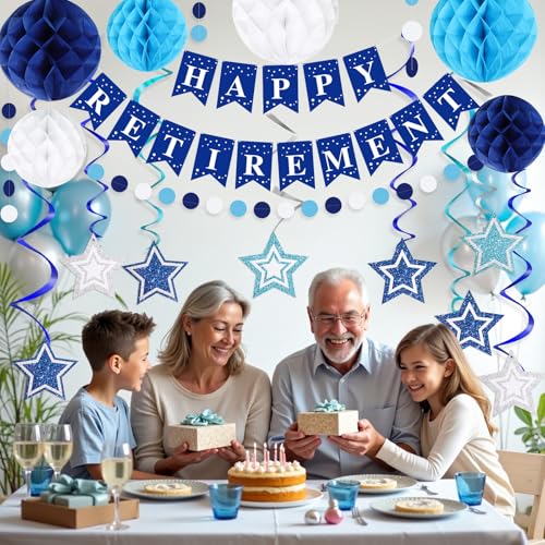 Image of Happy Retirement Party Decorations for Men Women Blue Silver Happy Retirement Banner Honeycomb Balls Pentagram Hanging Swirl Streamers Circle Dots Garland