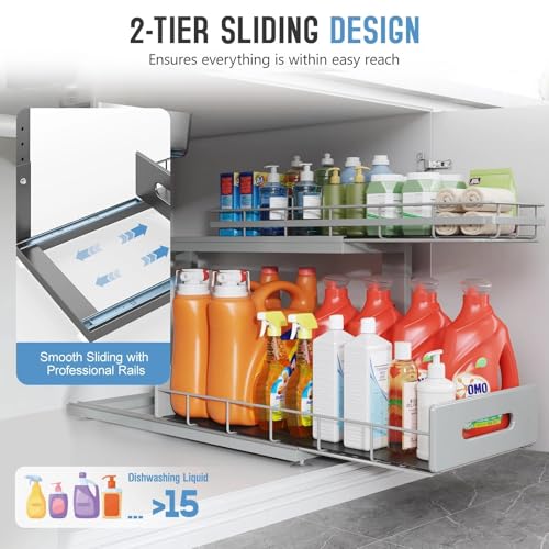 Image of Under Sink Organizer Upgrade To Professional Rails,2-Tier Dual Pull Out Cabinet Storage,Height Adjustable Slide Out Drawers For Bathroom Kitchen,1 Pack-21 inchDx12.8 inch-16.9 inchH,Gun Gray