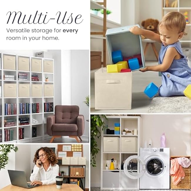 Reli. 11 Inch Cube Storage Bins (8 Pack) | Cube Organizer Bins | 11x11 Fabric Storage Boxes | Collapsible, Foldable Fabric Cubby Box (Square) | Kids Room Organization (Beige)