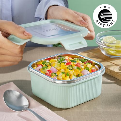 Image of Larah by BOROSIL Freshbyte Food Storage Container with Airtight Stainless Steel Lid | Fridge Container for Lunchbox | Food Grade | Microwave Safe