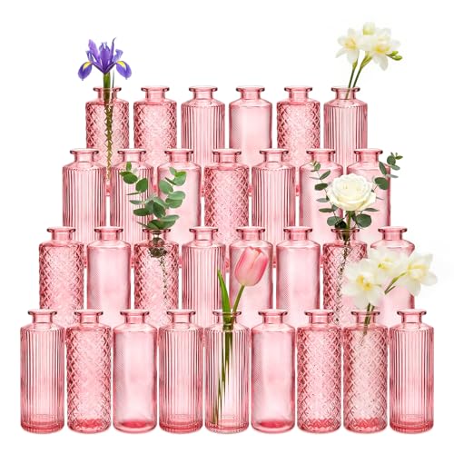 Glass Bud Vases 30 Pack Small Pink Flower Vases for Centerpieces in Bulk