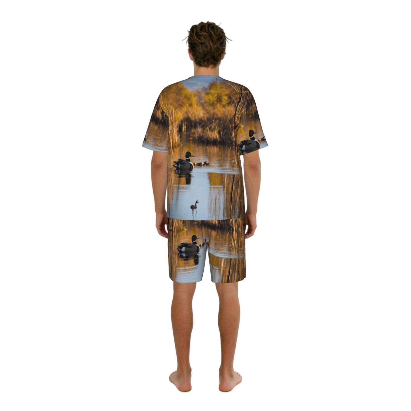 Loon Nature - Pigiama da uomo con stampa uccellini, comodo set pigiama da uomo con pantaloncini, perfetto per le notti estive