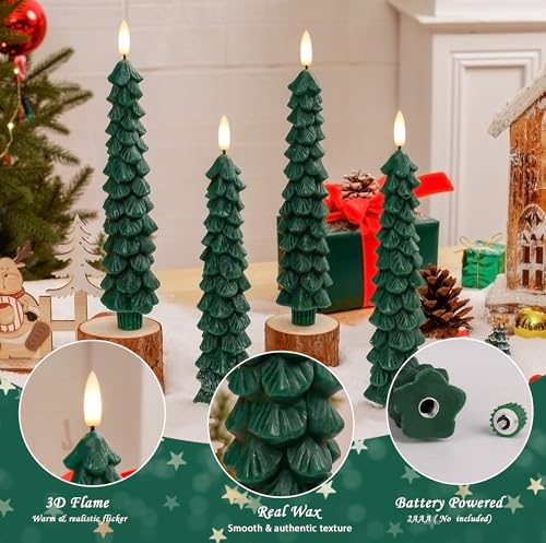 Image of Christmas Tree Candles with Remote, 4 Pack Green Flameless Taper Candles Battery Operated, Real Wax 9.6 Inch Flickering Led Christmas Tree Candlesticks Decorations for Winter Home Holiday Xmas Gift
