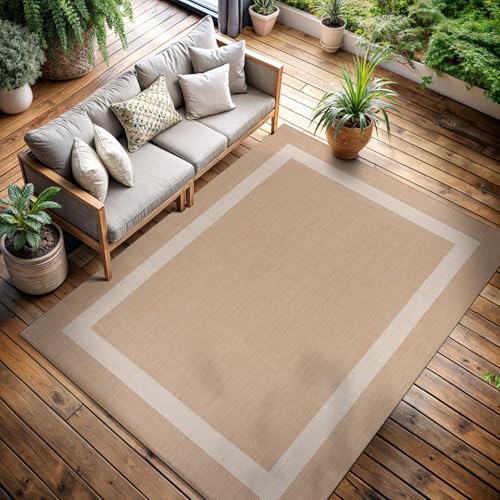 CAMILSON Outdoor Rug 6x9, Modern Outside Rugs for Patios Porches Waterproof Durable Washable Non-Shedding, Easy-to-Clean Indoor Outdoor Area Carpet (6 x 9, Bordered - Beige/White)