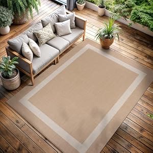 CAMILSON Outdoor Rug 6×9, Modern Outside Rugs for Patios Porches Waterproof Durable Washable Non-Shedding, Easy-to-Clean Indoor Outdoor Area Carpet (6 x 9, Bordered – Beige/White)
