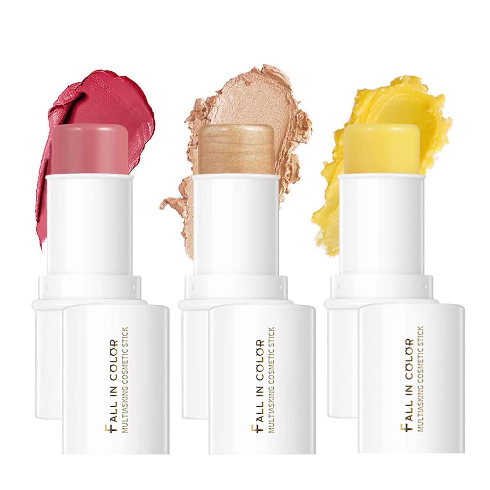 Makeup Sticks Set, Matte Cream Blush Stick for Cheeks, Eyes and Lips, Moisturizer Stick & Highlighter Makeup Sticks for All Skin (Blush, Highlighter & Moisturizer)