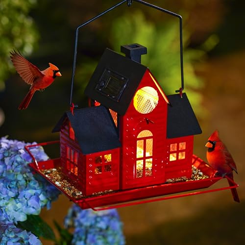Solar Bird Feeders for Outdoors Hanging Metal Cardinal Bird House Feeder with Solar Powered Lantern Light Wild Cardinal Birdfeeder Waterproof Decor for Garden Yard Outside Gift for Grandma Mom