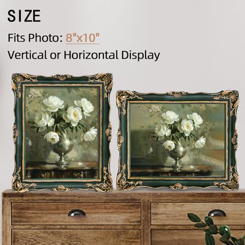 Image of Saysmile Vintage 8x10 Picture Frame Green, Textured Antique Picture Frames with Embossed Flower Design, Ornate Frame for 8x10 Photo, Resin Antique Frames Tabletop & Wall Hanging, Home Decor