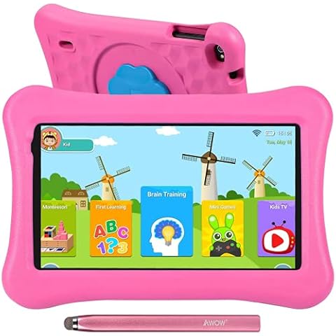 AWOW 10.1 inch Kids Tablet Tablet PC for Kids, iWawa Pre-Installed, Android 10 Go Quad Core, 32GB Rom, Kids-Proof case and Stylus Pen, Parental Controls, Dual Cameras, Pink Cover