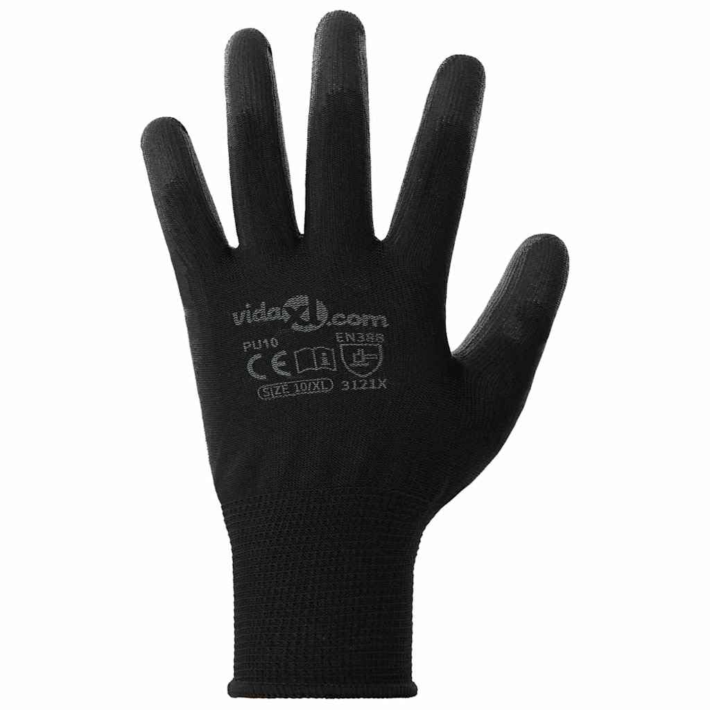 Lot de 24 paires de gants de travail en polyester - Noir - Taille 10 XL - Gants de montage avec protection contre les coupures et adhérence - Pour atelier, jardin, chantier, industrie