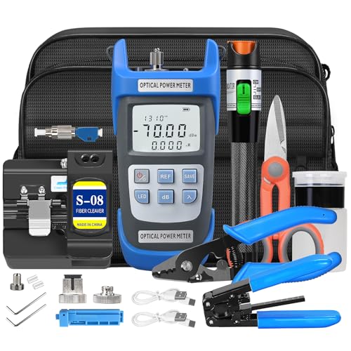 Fiber Optic Terminal kit 10-in-1 FTTH Tool kit Equipped with S-08 Optical Fiber Cleaver and Rechargeable Optical Power Meter A-C710A (-70~+10dBm) Well as Stripper Fibre Tool kit