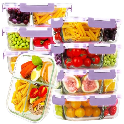 Image of HOMBERKING 8 Pack Glass Meal Prep Containers 3 Compartment, 36oz Glass Food Storage Containers with Lids, Airtight Glass Lunch Bento Boxes, BPA-Free & Leak Proof (8 lids & 8 Containers) - Purple