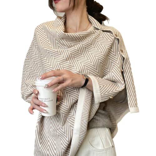 Women's Knitted Wrap Thick Scarf Shawl with Button Herringbone Shawl for Commuting Travel Warm Cape for Fall Winter