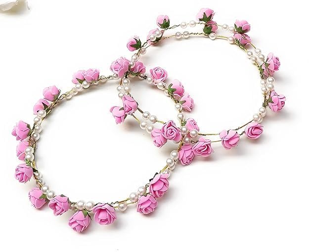 shopyidol Artificial Floral Headpiece Roses Foam Flower Wedding Bridal Beach Party Travel Headpiece Wreath Crown Tiara for Girls, Teens and Women (Pack of 4 pcs) (Baby Pink, Free Size) - Image 4 thumbnail
