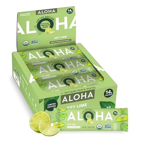 ALOHA Organic Plant Based Protein Bars - Key Lime - 12 Bars Vegan Low Sugar Gluten-Free GLP-1 Friendly Low Carb Non-GMO No Stevia No Erythritol