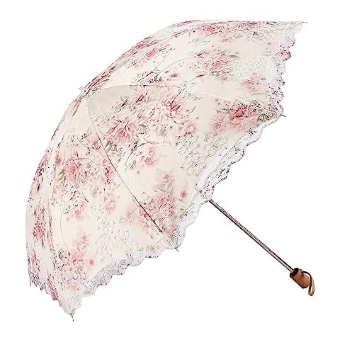 Honeystore Flower Print Vintage Parasol Anti-UV Folding Lace Embroidery Umbrella 2 Folding Beige Cover