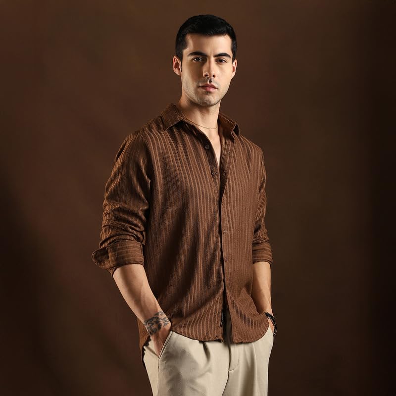 Image of CAHOOT Men Chocolate Brown Ripple Trough Shirt for Casual Wear Mid Rise Regular Fit Button Closure Crafted with Comfort Everyday