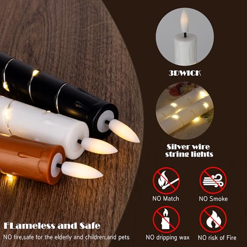 Image of Flameless Taper Candles with Remote for Wedding Decorations,3D Flickering Flame Battery Operated LED Plastic Candles Arounded with Starlight String, Romantic Home Decoration, Pack of 6, White