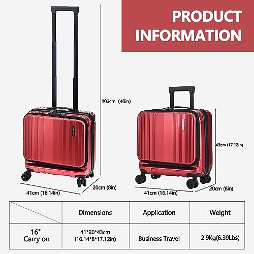 Image of Kaleenie 16 inch Carry on Luggage with 2 Laptop Compartments, ABS+PC Suitcase with Dual Control TSA Lock, YKK Zipper, Silent Wheels, for Business Travel, Wine Red