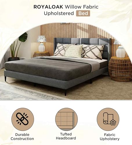 Image of Mintwud Pepperfry Woodlyn Upholstered Queen Size Bed Without Storage | Wooden Double Bed with Tufted Headboard for Bedroom Living Room Home and Hotel (Dark Grey)
