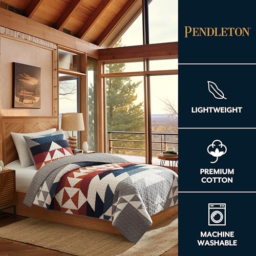PENDLETON Explorer Twin Quilt Bedding Set with 1 Sham Premium Cotton Lightweight Quilted Bedspread Coverlet for Bed Rustic Home Decor Washable Dorm Room Bedding, 68-inch x 90-inch, Blue Grey