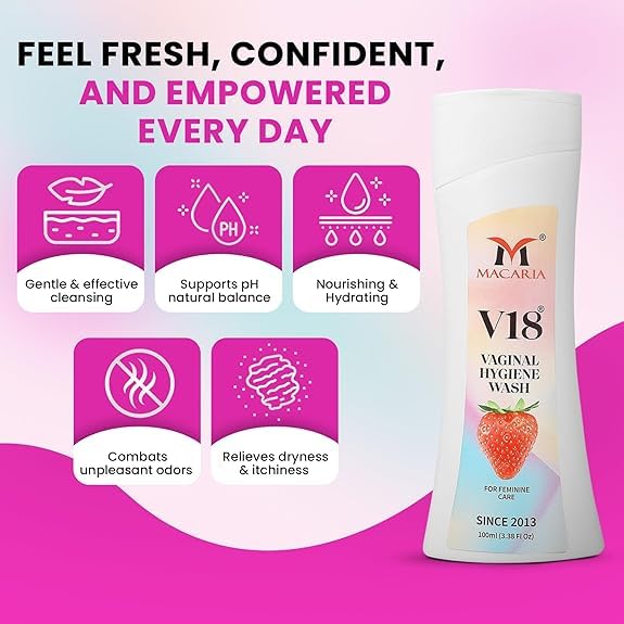 Image of V18 Vaginal Hygiene Wash for Women - Feminine Intimate Care with Strawberry Scent - Lactic Acid, Odor Control, & pH Balance - Gentle Daily Wash for Vagina, Genital Dryness, & Itching Relief