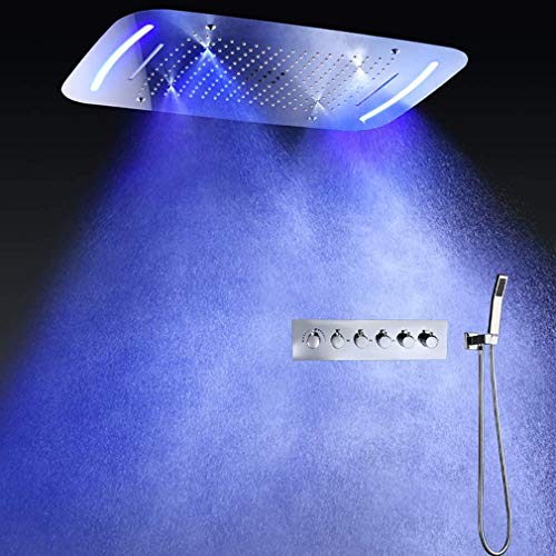 Sistema termostático Cascada Luxury 17"x28" con ducha multi función (Lluvia+Cortina de lluvia+SPA de niebla+Masaje) y ducha de mano con luz LED - Acero inoxidable (17"x28", Latón antiguo) miniatura 1