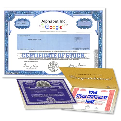 GiveAshare Alphabet Stock Certificate (GOOGL) - Personalized Replica (Keepsake Folder)