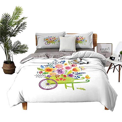 DRAGON VINES 4 Bedding Cover Set Duvet Cover Twin XL Sheet Wheelbarrow Full of Flowers Botanical Gardening Plants Agriculture Watercolor Art Multicolor Bright Color W68 xL90
