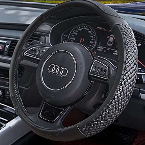Image of Haokay Heavy Duty Pure Cowhide Steering Wheel Cover, Genuine Leather Steering Cover with 15 Inches Universal Fit (Black-4)