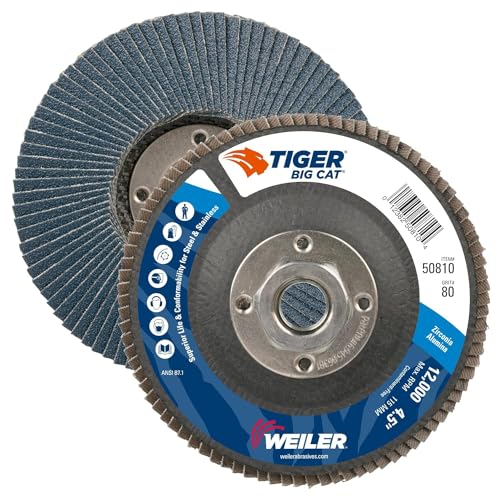 Image of Weiler 50810 Big Cat High Density Abrasive Flap Disc, Type 27, Threaded Hole, Phenolic Backing, Zirconia Alumina, 4-1 /2 inch Dia., 80 Grit (Pack of 10)