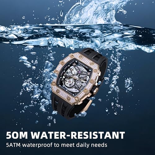 Image of TSAR BOMBA Men's Automatic Watch Tonneau Luxury Skeleton Watches for Men Mechanical 50M Waterproof Analogue Watches Mens Unique Cool Square Big Face Dial Wristwatch with Silicone Strap Band