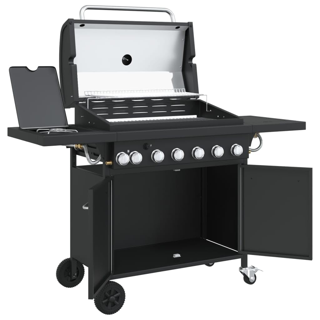 Meble artykuł domowy grill gazowy z 7 palnikami czarna stal malowana proszkowo