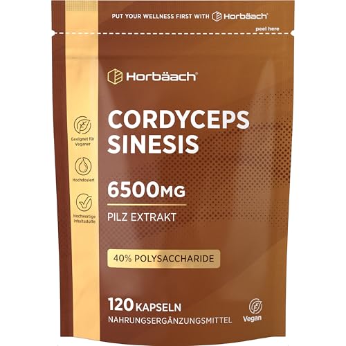 Cordyceps Kapseln Hochdosiert 6500mg | 4 Monate Vorrat - 120 Vegane Stk | Cordyceps Sinesis Pilz 10:1 Extrakt | Hochdosiert | Horbaach