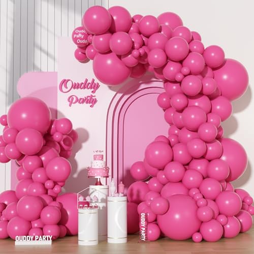 Image of Ouddy Party 129Pcs Hot Pink Balloon Arch Garland Kit in 18 12 10 5 Inch | Different Sizes 6Pcs 18 inch Magenta Fuchsia Pink Latex Balloons for Birthday Shower Princess Wedding Party Decorations