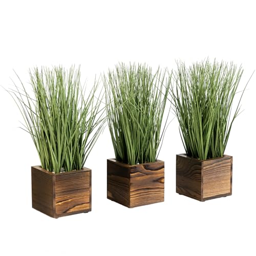 MyGift Artificial Green Grass Plants Trio in Rustic Burnt Solid Wood Planter Boxes, Faux Greenery in Decorative 4 Inch Square Wooden Containers, Set of 3