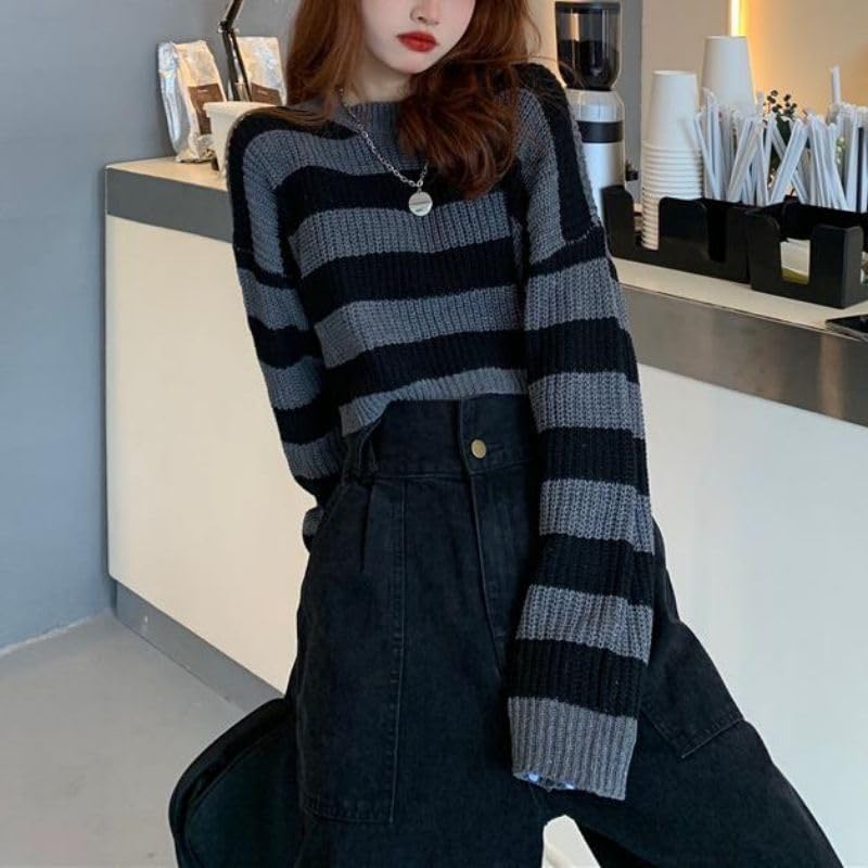 Women Striped Cropped Vintage Oversize Knit Sweater Jumper Female Long Sleeve O-Neck Pullovers Tops Sweaters3
