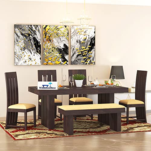 Image of Krishna Wood Decor Sheesham Wood Dining Table with Chairs | Dining Set Furniture | Balcony | Living Room (Sheesham Wood Dining Table with 4 Chairs | 1 Bench, Walnut Finish)