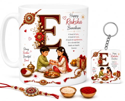 Image of Raksha Bandhan Alphabet E Coffee Mug with Matching Square Keychain | Includes Rakhi, Roli & Chawal | 350 ML Ceramic Printed Cup | Brother Sister Festival Collection