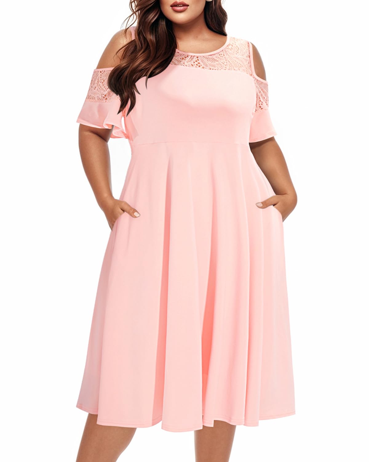 Plus Size Cocktail Dress - Graduation Cold Shoulder Lace Midi Dresses with Pockets