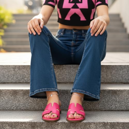 Image of CUSHIONAIRE Voyage Cutout Strap Slides for Women, Slip On Summer Flats, Trendy Footwear, Memory Foam Vegan Leather Comfortable Vacation Style Sandals