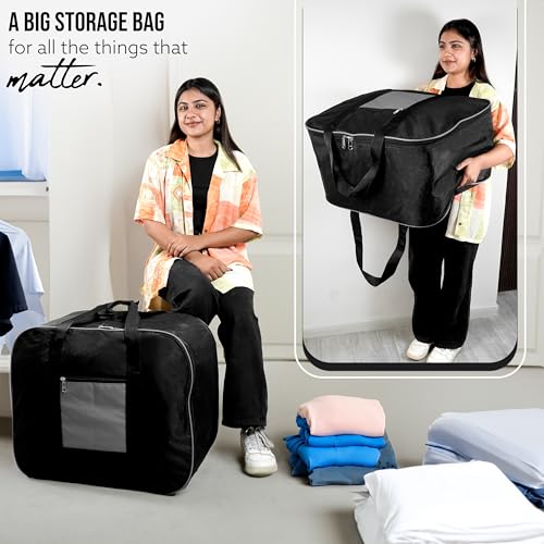Image of Storite Moisture Proof Nylon Large Size Foldable Underbed Storage Bag For Clothes, Blankets (54 x 46 x 28 cm) - Black, Rectangular