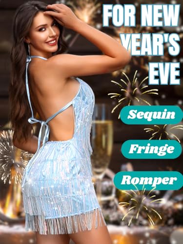 Image of Kaei&Shi Sequin Fringe Romper,Sparkly Glitter Metallic Jumpsuits For Women,Backless Shorts Dress Disco Birthday Dance Outfit